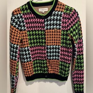 Teddy Fresh Patchwork Cardigan Houndstooth Sweater Y2K 90s Indie Retro Bear XS